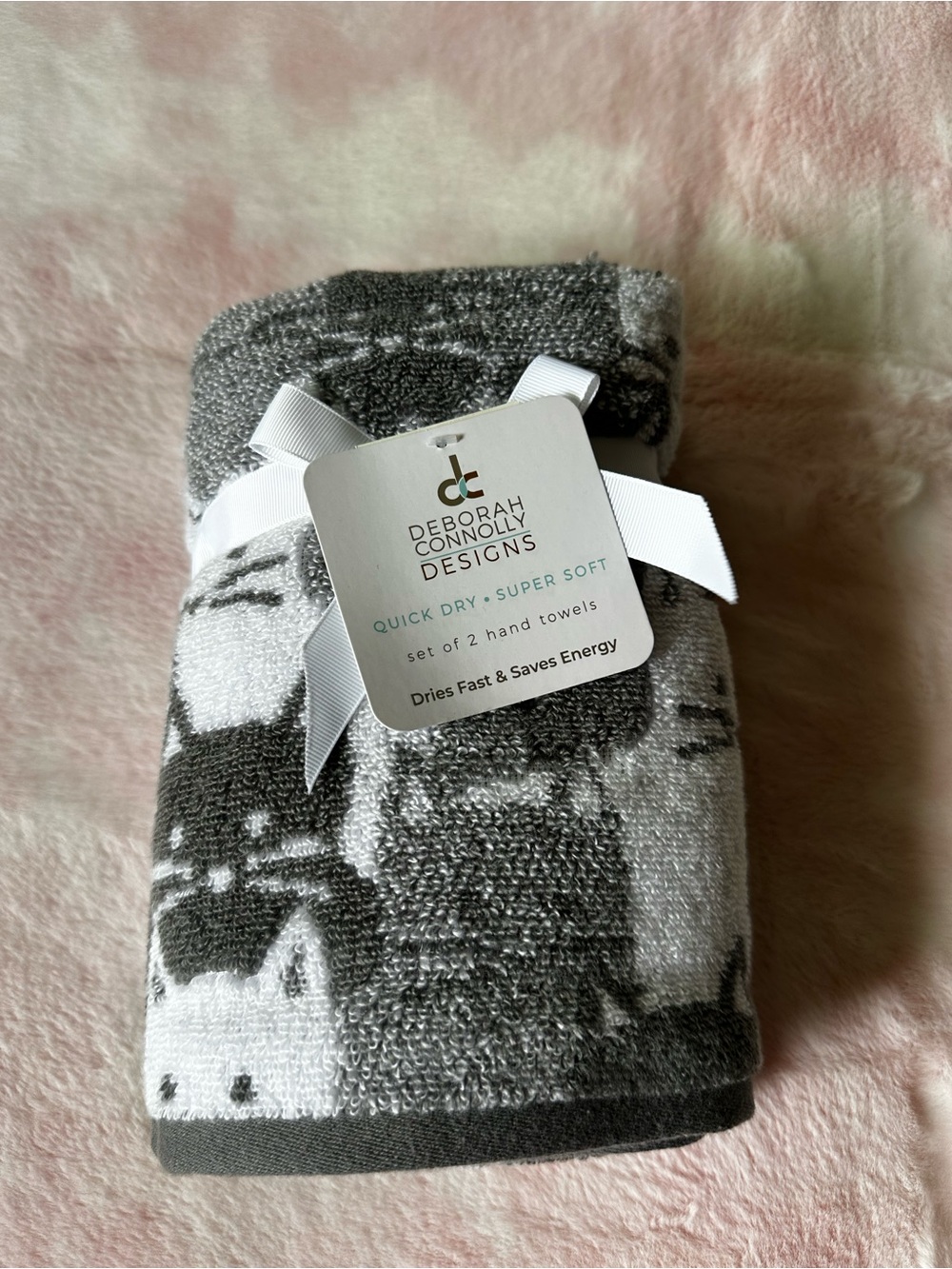 Gray Cat Print Set of 2 Hand Towels - Deborah Connolly Designs NWT